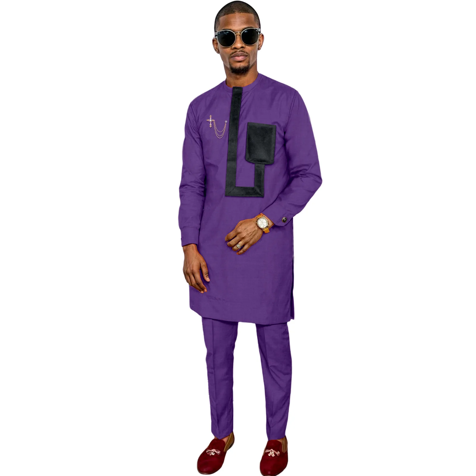 SEA&ALP African Suits for Men Slim Fit Dashiki Splice Velvet Long Shirt and Pants 2 Piece Set Casual Outfits