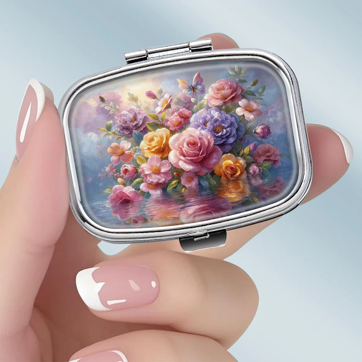 1PC compact 2-compartment square metal pill box, featuring a healing and romantic theme design with a mirror water ripple pattern, portable decorative vitamin storage box, or a unique gift for a purse