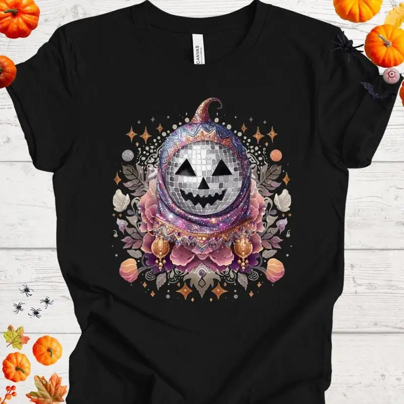 

Футболка с изображением диско-шара на Хэллоуин, голова тыквы, жуткая для развлечения, уникальная идея костюма и необычный дизайн