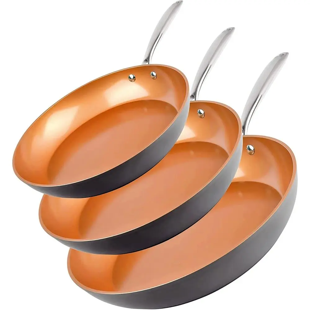 

3 Pc Hard Anodized Nonstick Frying Pans Set, 8 10 12 with Non Toxic Coating, Induction, Oven and Dishwasher Safe - Copper