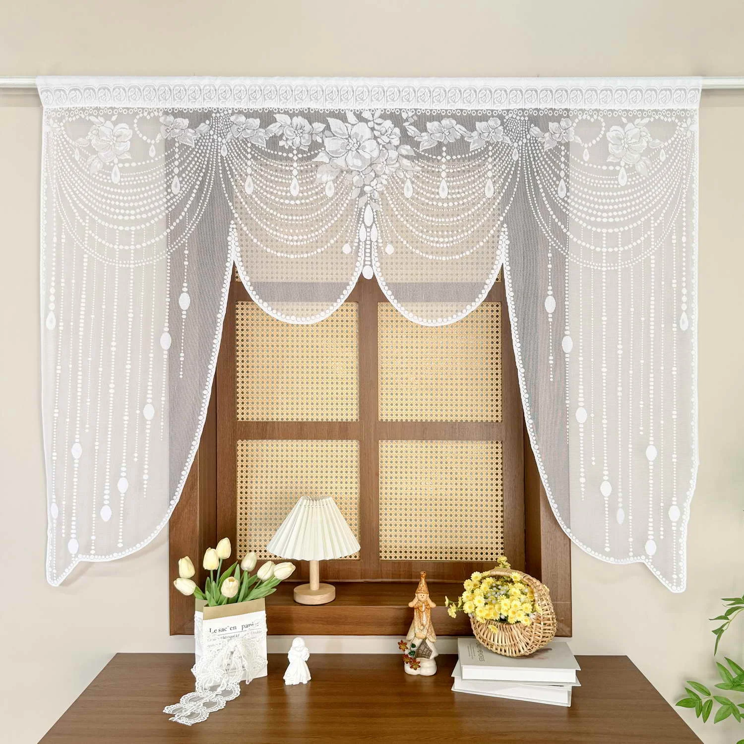 White Lace Warp Knitting Yarn Short Valance Curtain for Kitchen, Dining Room Romantic Window Decor, Rod Pocket Doorway Drapery