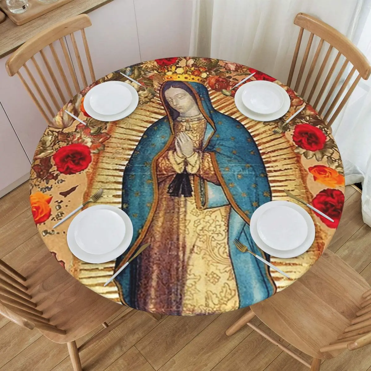 Our Lady Of Guadalupe Virgin Mary Catholic Mexic Waterproof Round Tablecloth Table Cloth for Kitchen Events Dining Table Cover