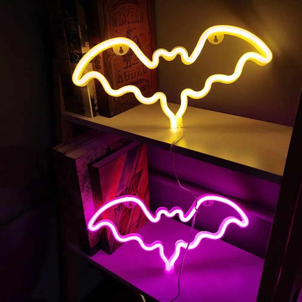 할로윈 박쥐 네온 사인 램프 야간 조명 장식 조명, USB/배터리 작동 깜박임, 무료 LED 데스크탑 장식, 으스스한