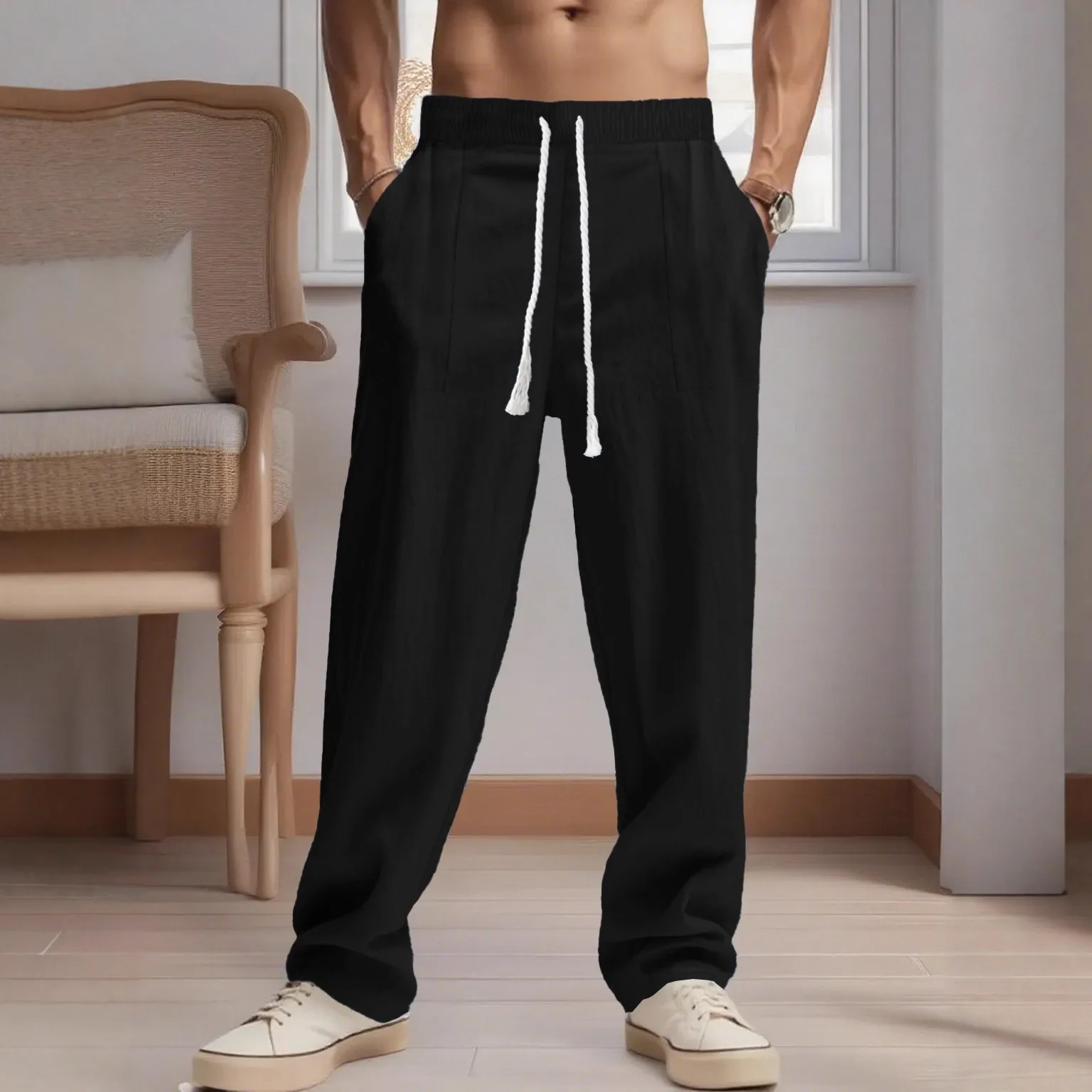 

Loose, straight, solid-color trendy and fashionable men's casual breathable pure cotton long pants