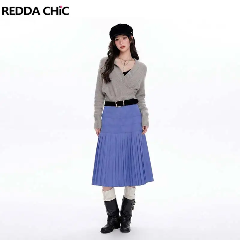 REDDACHiC Korean Swing A-line Skirt Women Lounge Plain High Waist Ruffled Patchwork Pleated Long Skirt Office Summer Clothes