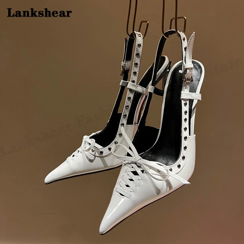 2023 New Temperament Ultra-High-Heeled Sandals Metal Rivets Leather Lace-Up Pointed Toe Stiletto Women's Shoes Summer Sandals