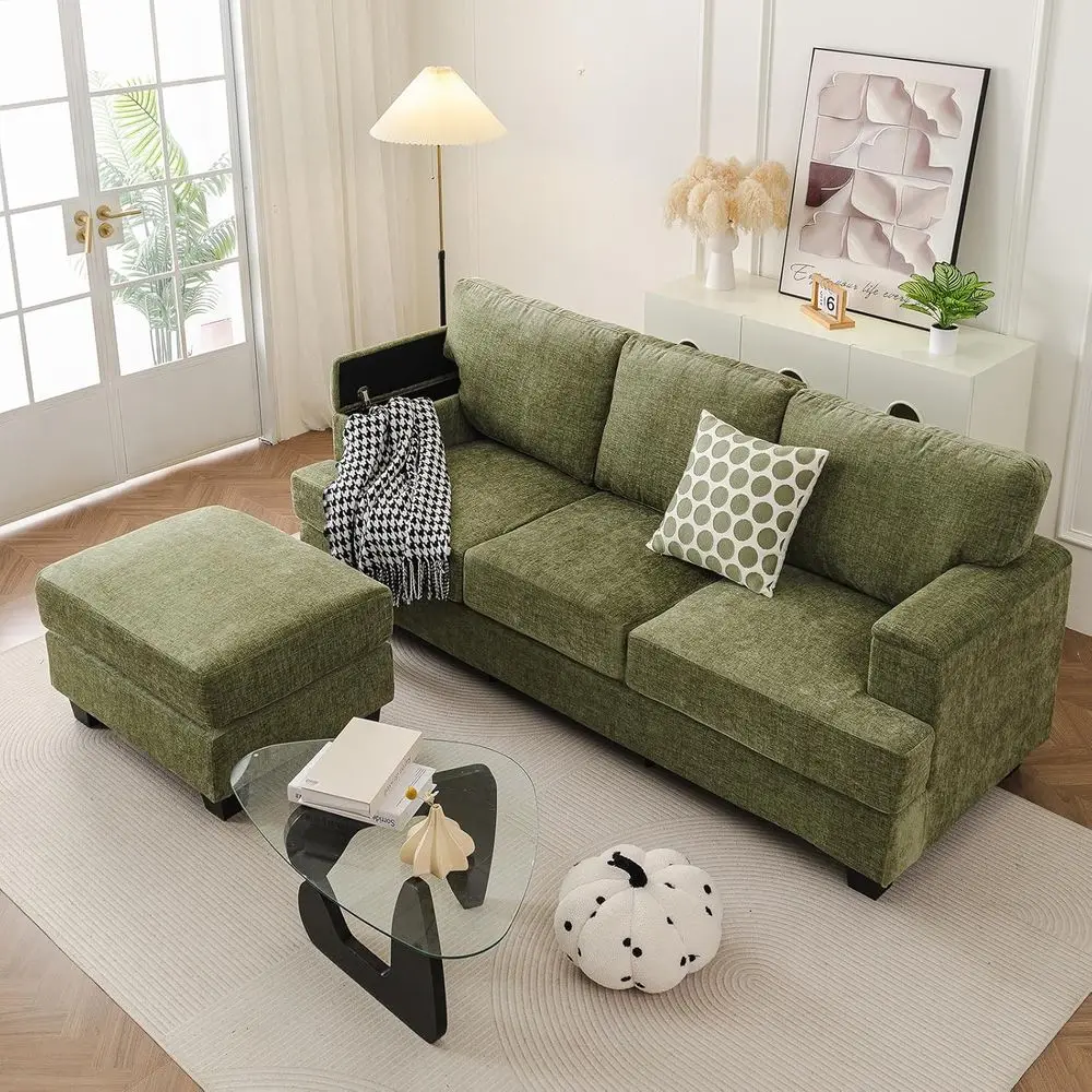 

85 L-Shaped Sofa with Armrest Organizer, 3-Seat Sectional with Movable Ottoman, Plush Sectional Sofa with Thick Cushion, Chenill