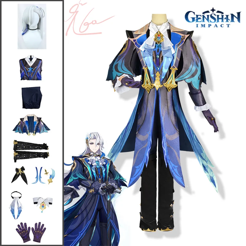 Genshin Impact Neuvillett Cosplay Costume Wig Fontaine Chief Justice Ordainer of Inexorable Judgment Uniform Halloween Outfit