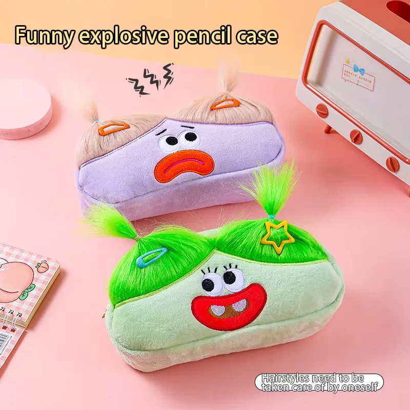 1 قطع الكرتون مضحك مقلي الشعر مقلمة دمية قبيحة أفخم القلم حقيبة كبيرة العين الوحش الحلو فتاة القلب حقيبة التخزين ألعاب من نسيج مخملي