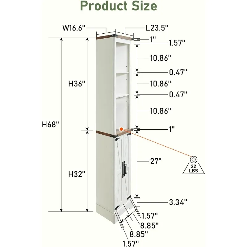 Tall Corner Cabinet Farmhouse Storage Cabinet with Barn Door Design Adjustable Shelves Home Space Saver for Bathroom Living Room