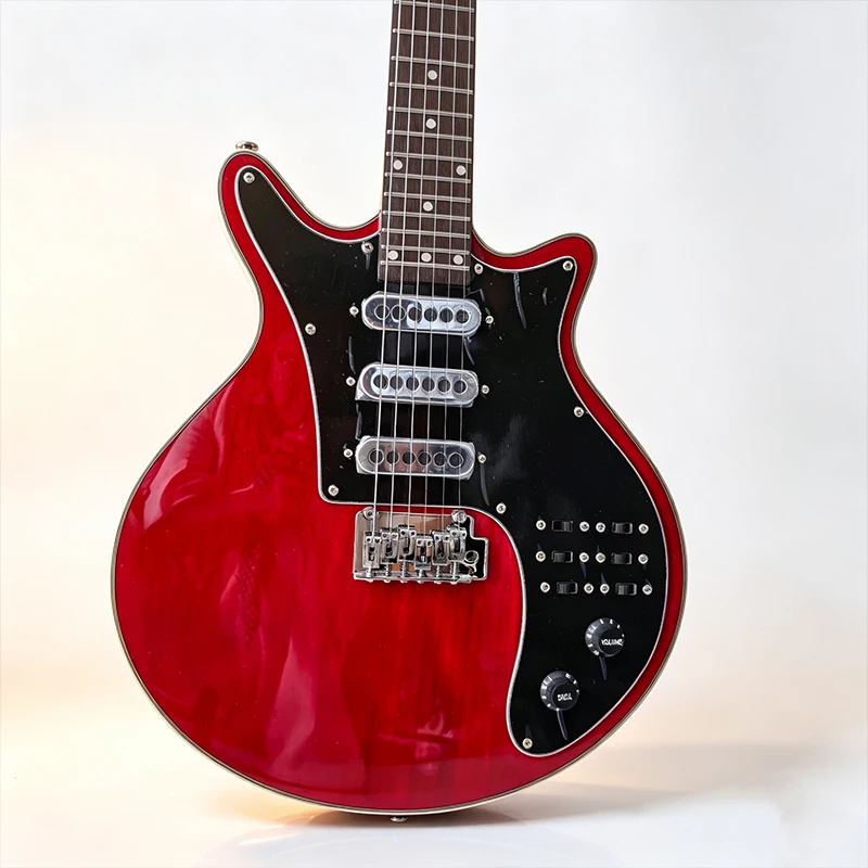 Red Solid Body Electric Guitar with Unusual Shape, Large Black Pickguard, S-S-S Pickup Configuration, Rosewood Fingerboard, Vintage Style Rock Electric Guitar