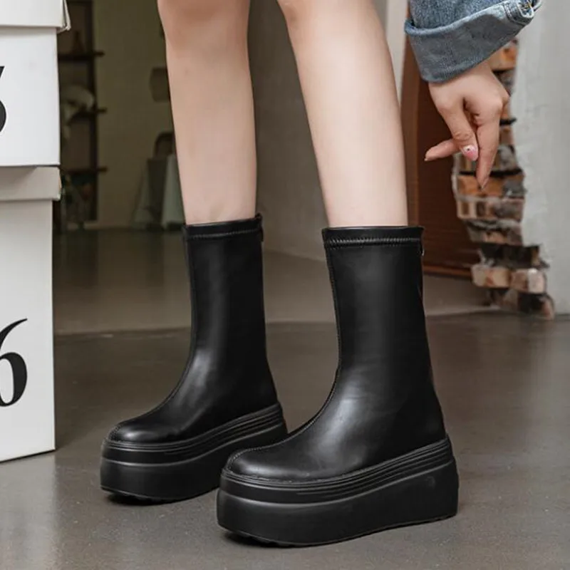 8cm 2026 Women Ankle Boots Platform Heel Bootie for Women Comfortable Autumn Winter Shoes Non Slip Fashion Zip Motorcycle Boots