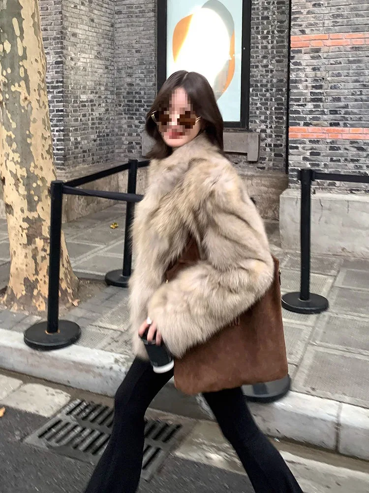 

2025 New Rich Girl Style Stand Collar Fluffy Outerwear Elegant Ladylike Design Haining Anti-Fox Fur Coat Women Early Spring