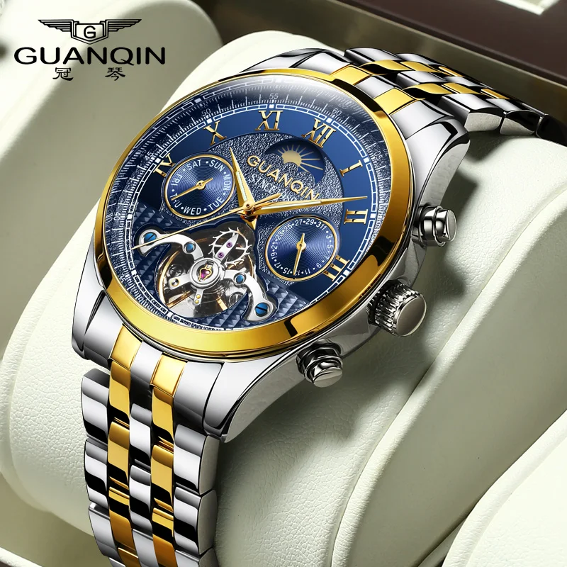 GUANQIN Tourbillon Waterproof Stainless steel Men\'s watches Mechanical Moon Phase Automatic watch for men Sapphire mirror Watch