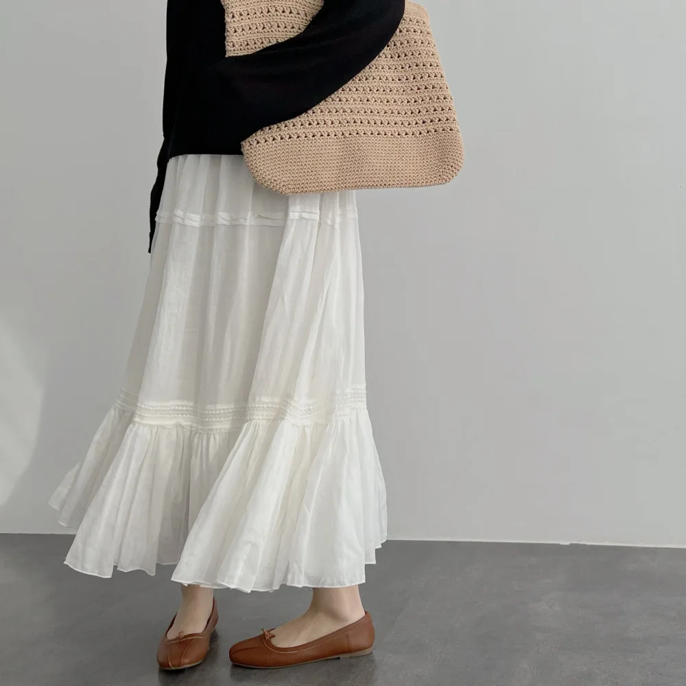 2026 Women's New Thin Soft Ramie Splicing A-line Medium Long Cake Half Skirt White Skirt Children's Summer New White Summer