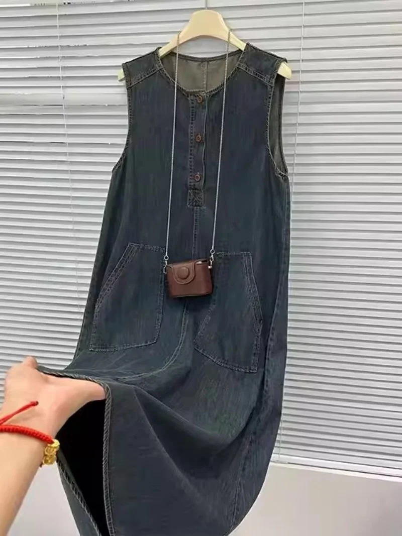 

Корейское джинсовое платье в стиле ретро для женщин - новое летнее повседневное платье без рукавов прямого кроя средней длины w2254