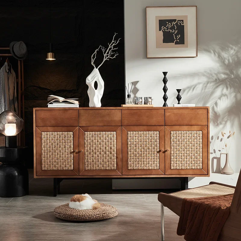 Simple modern living room tea locker rattan entrance TV cabinet solid wood dining side cabinet