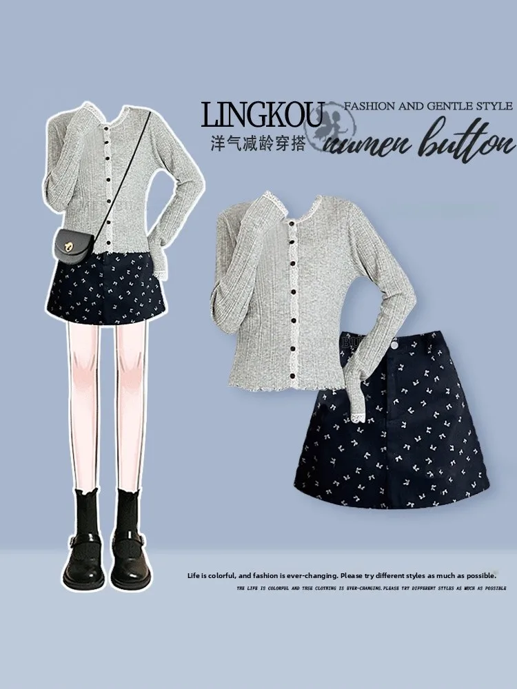 

Korean Style Knitted Floral Print Two-Piece Set for Women Autumn Season Casual Wear High Waist Short Skirt Long Sleeve Open C...