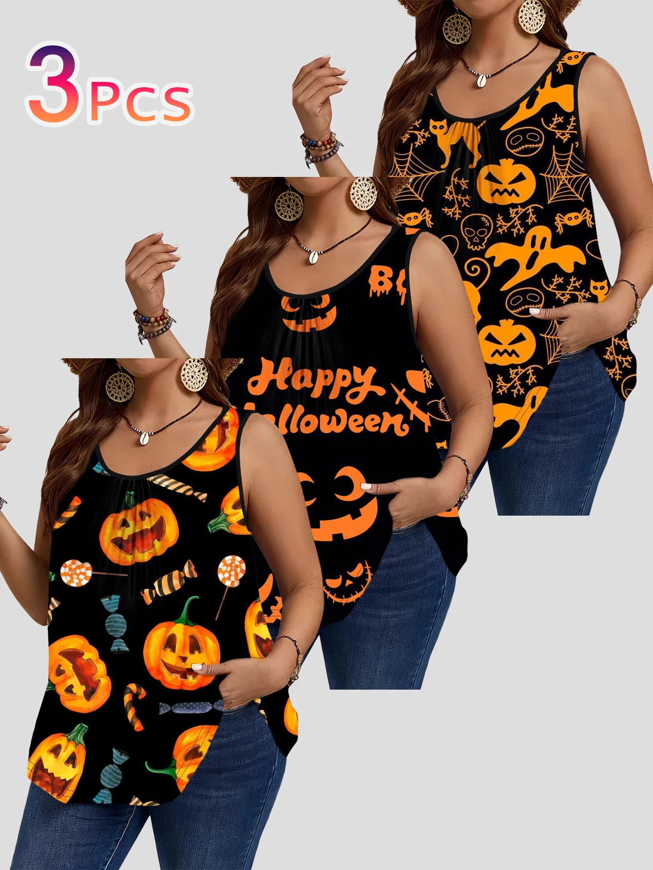 3-Piece Set of Plus-Size Women's Black Base Pumpkin Candy Halloween All-Over Fun Print Tank Tops, Round Neck Loose Sleeveless Tops