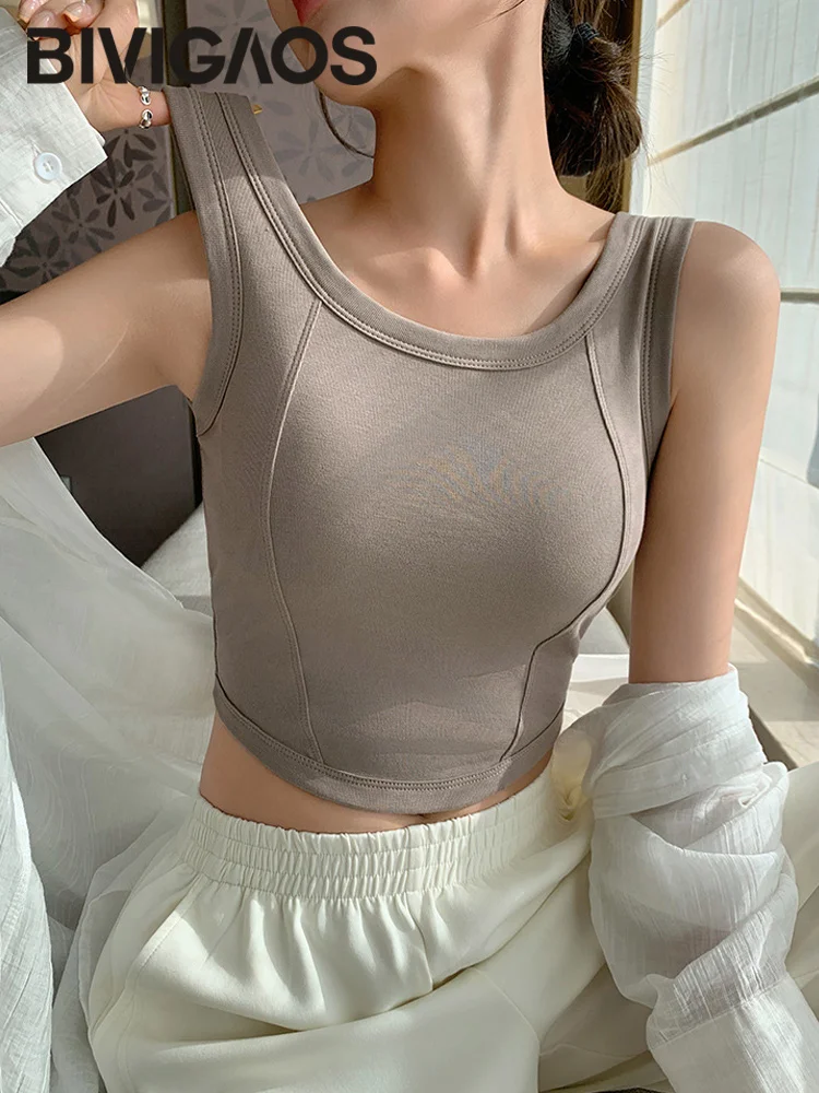 BIVIGAOS Sommer Sport Spleiß-Baumwollweste mit Brustpolster Damen Slim Crop Top Camisole Hot Girl Lässige Ärmellose Tanktops