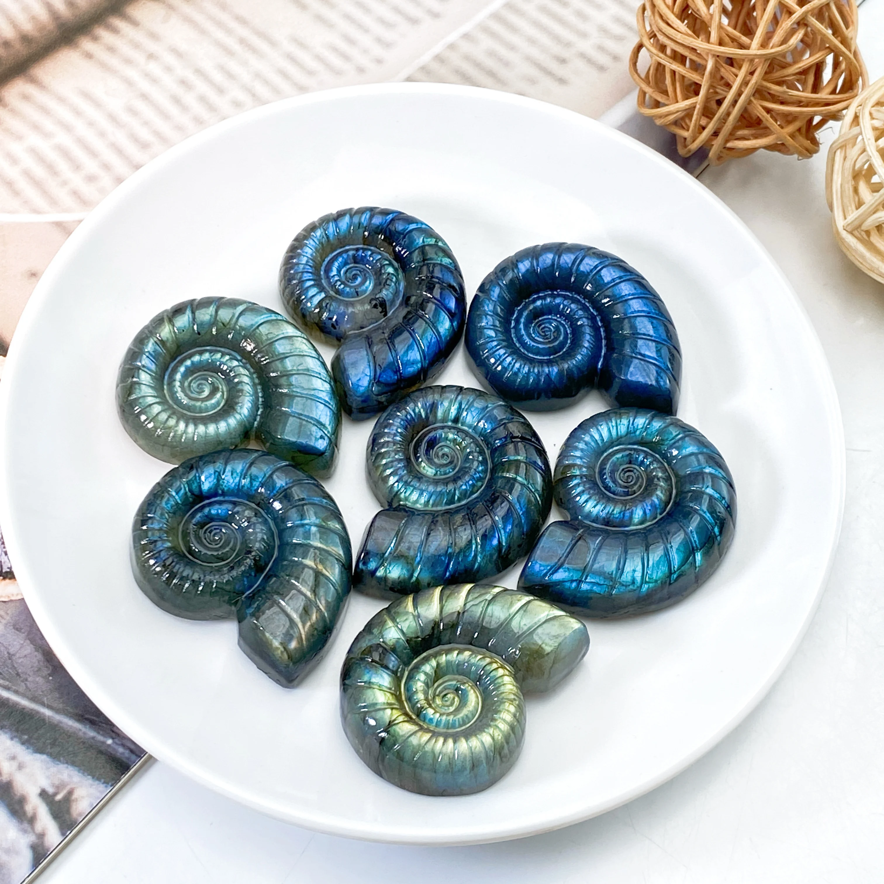 1 قطعة اللابرادوريت الطبيعي الأمونيت نحت رائع سر تحويل مبهرج الريكي كريستال التأمل أحجار استشفاء ديكور المنزل #3