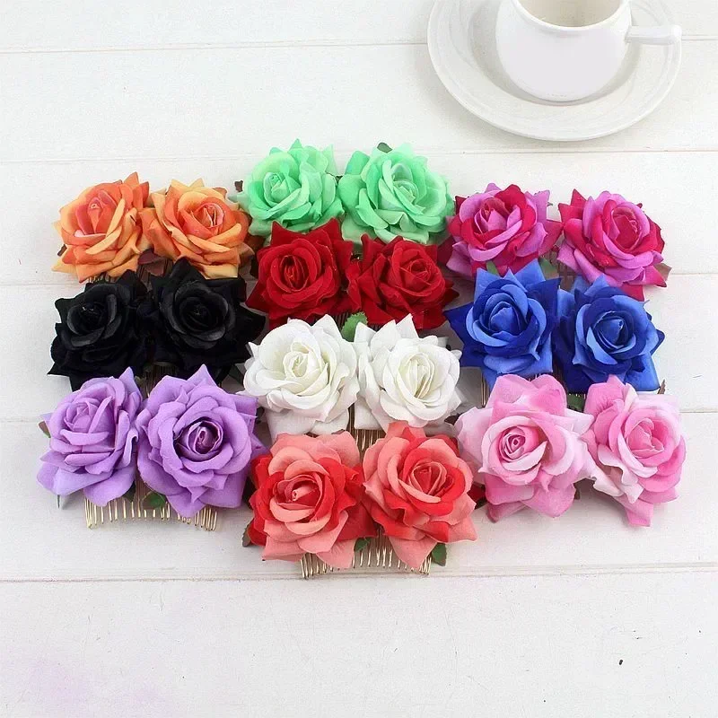 Romantic Fancy Double Silk Artificial Rose Flower Hair Comb Purple Red Hair Clip Wedding Bridal Lady Prom Headpiece Headwear