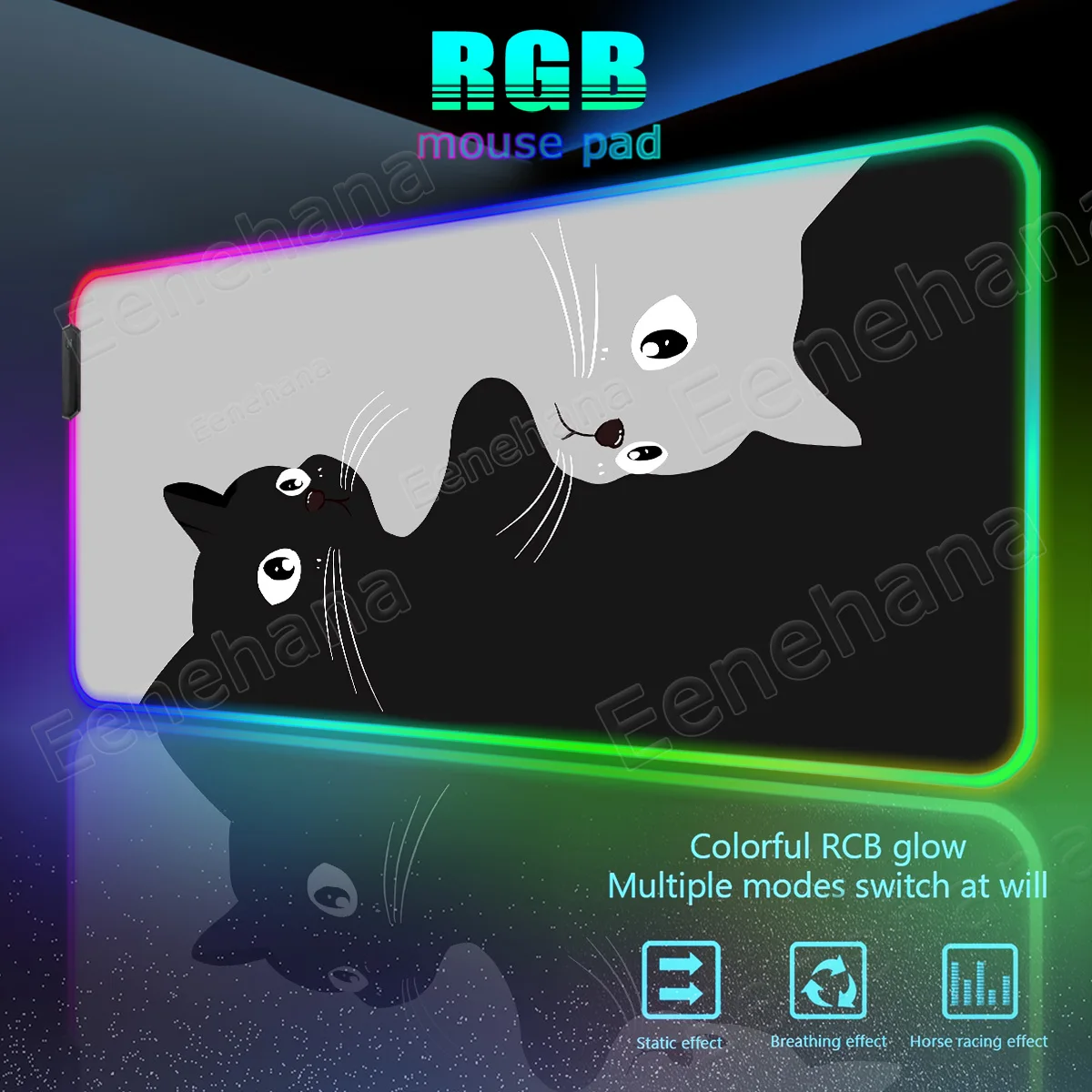 

RGB Black & White Cat Gamer Cute Mouse Pad Officer Kawaii Backlight TableMat Gaming Computer Luminescence Pad Home Office Setup
