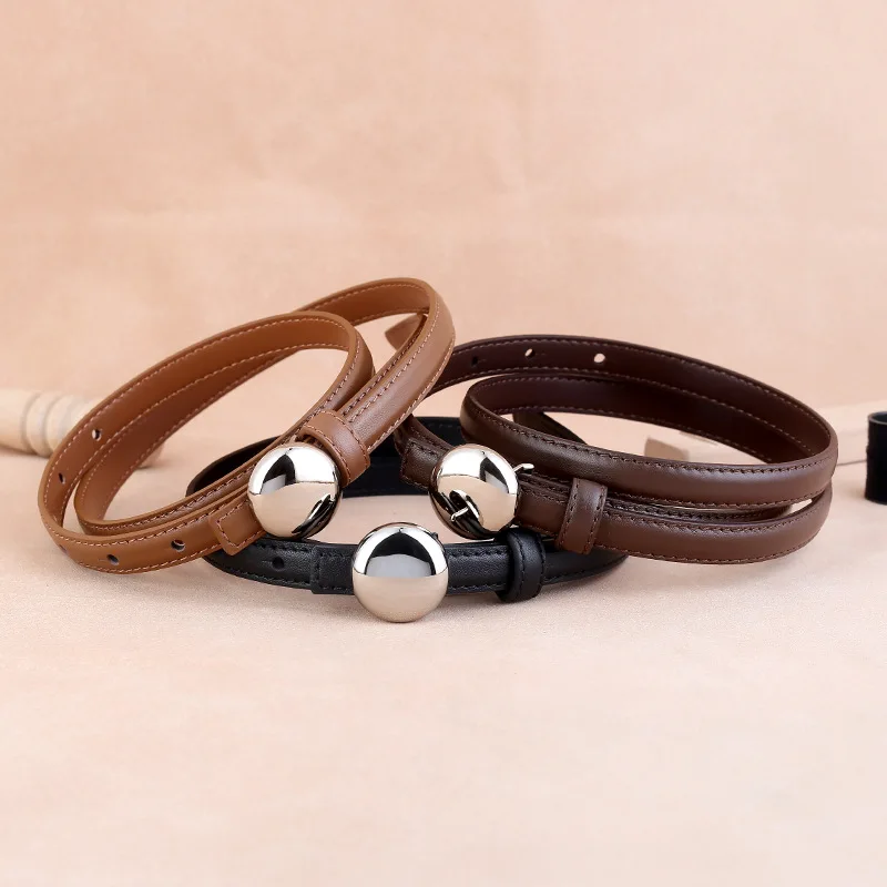 2025 autumn version women full grain genuine leather slim waistbands silver cirbular buckle cowhide jeans belts cinturon mujer