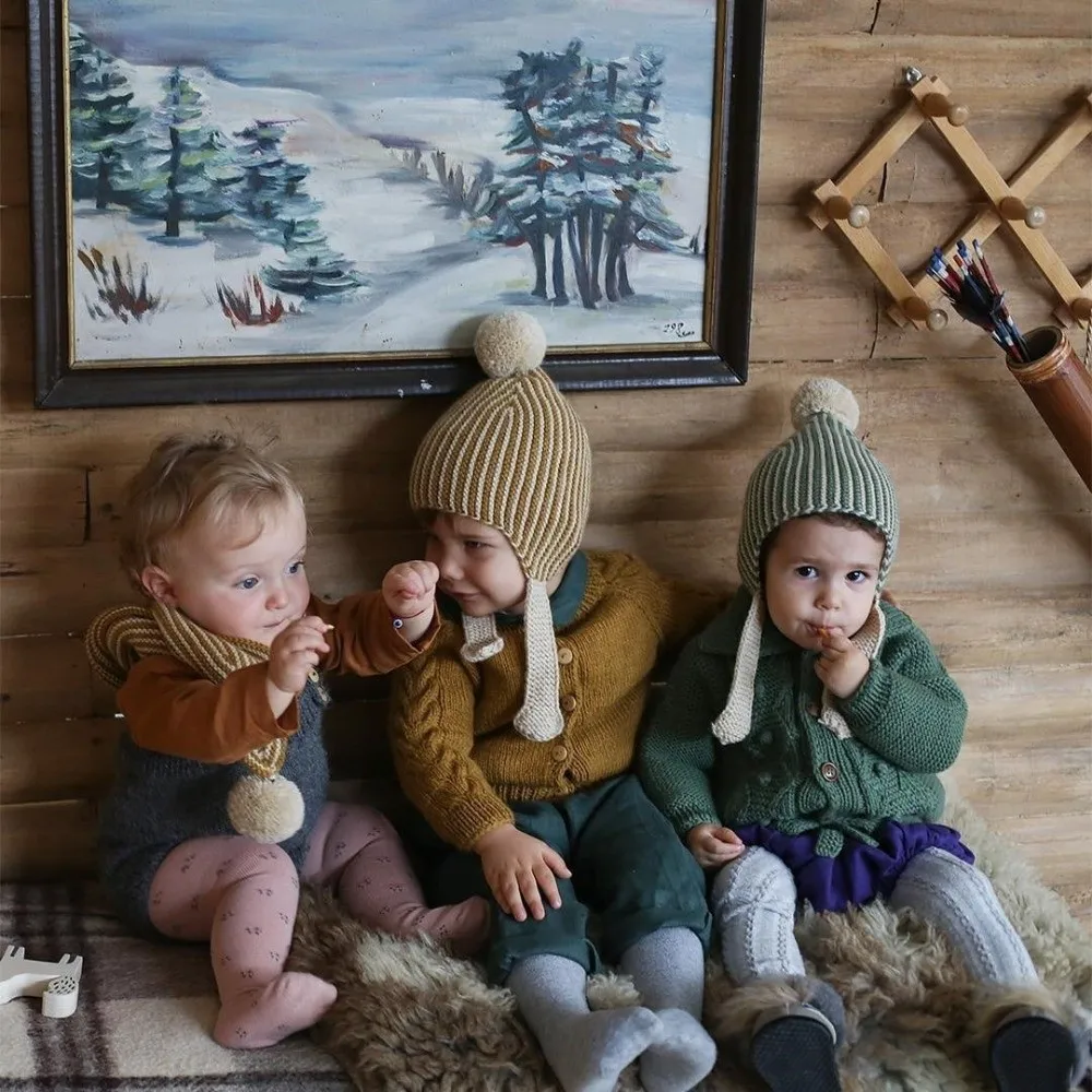 Comfortable Stripe Children Scarf Hat Set Ear Cap Plush Wool Beanie Hat Warm Fur Ball Warm Knitted Cap Outdoor