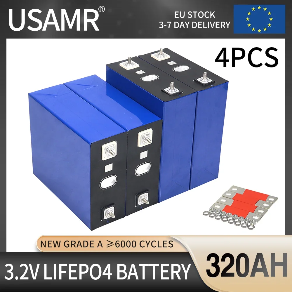 4PCS 3.2V 320AH Lifepo4 Battery Grade A DIY 12V 24V 48V Rechargeable Lithium Iron Phosphate Cells For Golf Cart Boat Duty Free