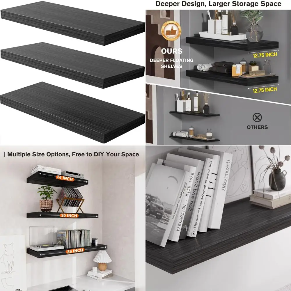 مجموعة خشبية مكونة من 3 أرفف حائط عائمة - 36 عريضة × 12.75 عمق × 2 مرتفعة مع دعامات مخفية لديكور غرفة المعيشة #1