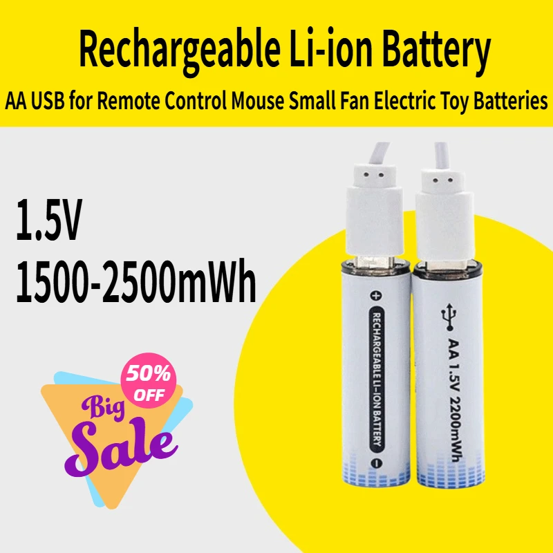 

High Capacity 1.5V AA 1500-2500mWh USB Rechargeable Li-ion Battery for Remote Control Mouse Small Fan Electric Toy Batteries