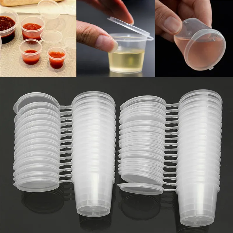 30Pcs 25ML Mini contenitori per alimenti usa e getta tazza di salsa trasparente in plastica con coperchi incernierati per scatola di Palette di