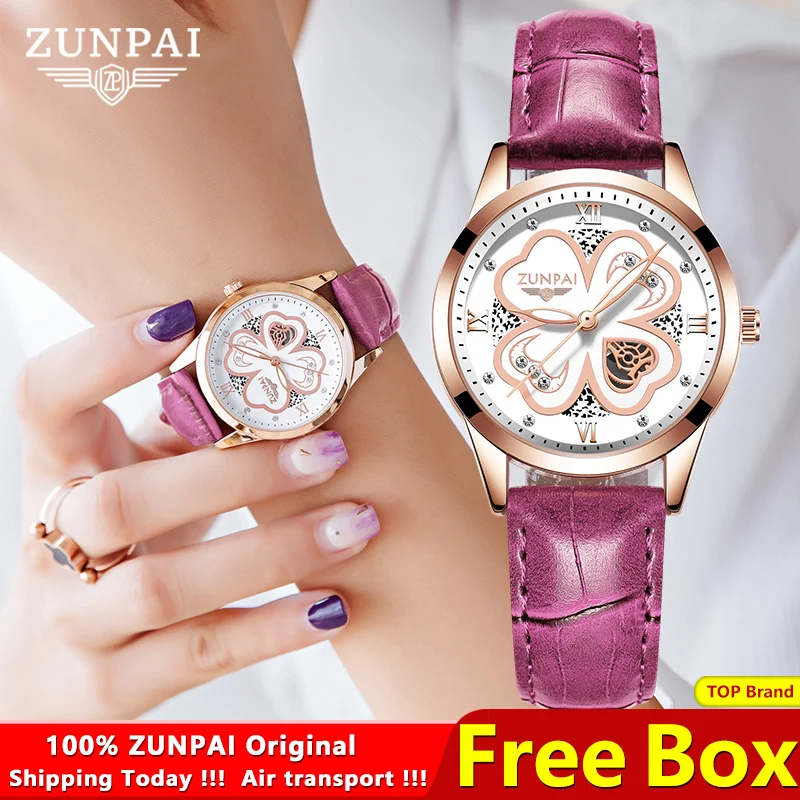 ساعة كوارتز بسوار جلدي ضد الماء من ZUNPAI للنساء ، ساعة يد للسيدات ، ساعة مربعة للفتيات ، أزياء تناظرية ، أصلي