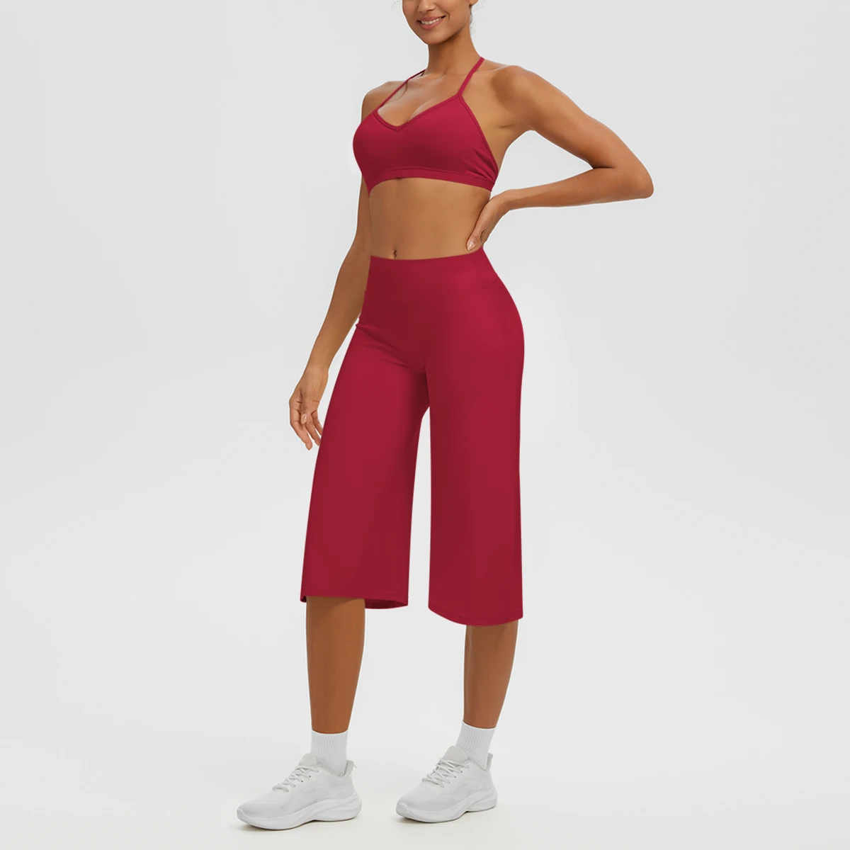 2PCS/set Woman Yoga Gym Clothing Solid Color Backless Yoga Bra Fitness Sports Loose Capri Pants Yoga Suit Customizable Logo view 4
