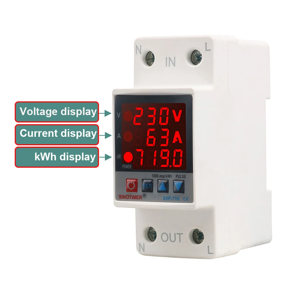 New Din Rail Dual Display Adjustable Over Voltage Current and Under Voltage Protective Device Protector Relay 40A 63A 220V 230V