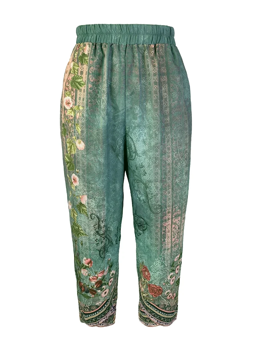 Hose mit hoher Taille, Blumenmuster, weitem Bein, für Damen, lässige, lockere Passform, elastischer Bund mit Taschen, Boho-Stil, unregelmäßiger Saum. – Detail 3