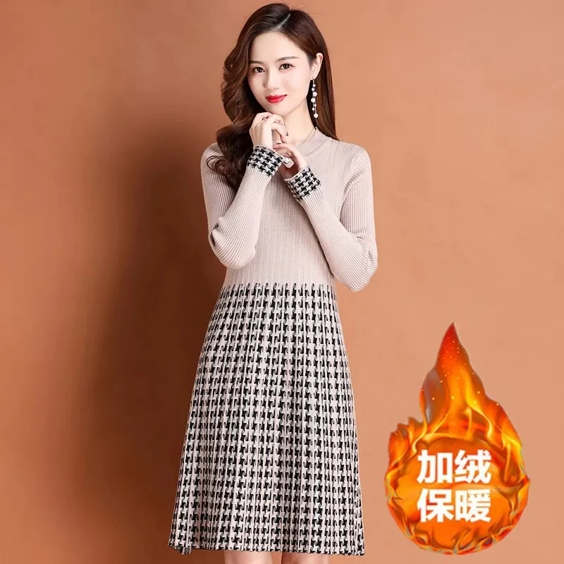 Vestido largo medio con cuello redondo para mujer, suéter con abrigo y vestido ajustado hasta la rodilla, primavera y otoño, novedad de 2024