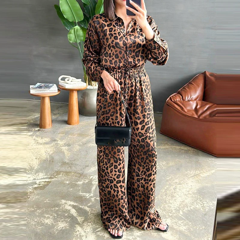 Nice Leopard Print Suit Long Sleeved Cardigan Shirt+Casual Wide Leg Pants Home Loose Outfits Spring Autumn Newest Women 2 Piece