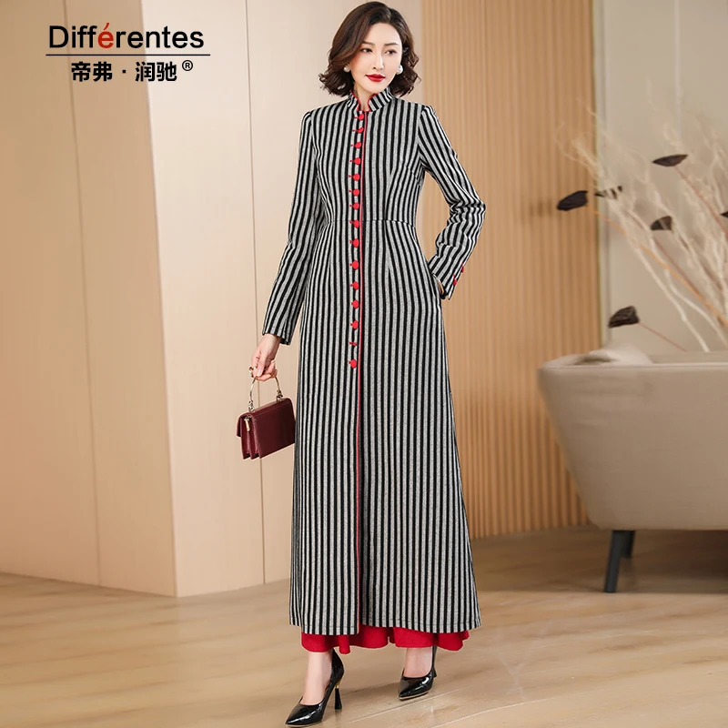 

Autumn Winter Coat for Office Lady Windbreaker Striped Fall Single Breasted Long Jackets Korean Coats Women Trench Outwear