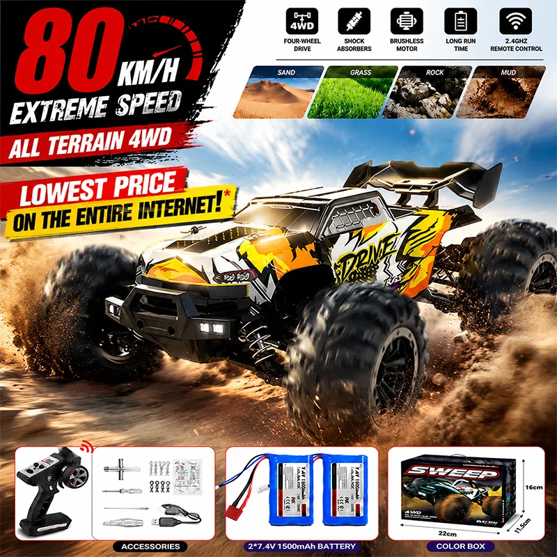 Coche de Control Remoto 4x4 RC Monster Truck, 80KM/H, con Luces LED, Juguete para Niños, Marca WLtoys, Precio Más Bajo