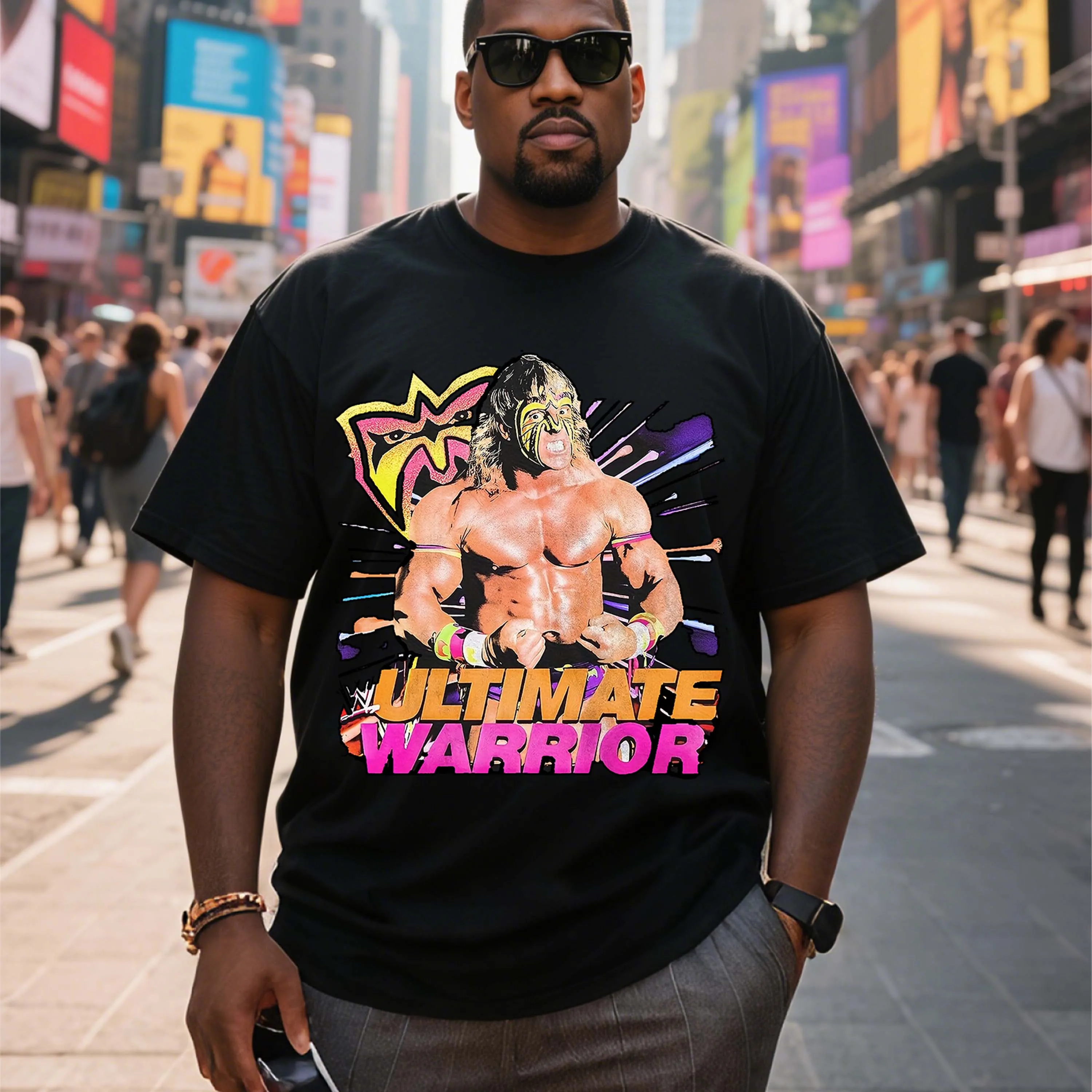 

Plus Size Black Short Sleeve T-Shirt with Ultimate Warrior Wrestler Pattern Suitable for Outdoor Leisure Wear in Summer