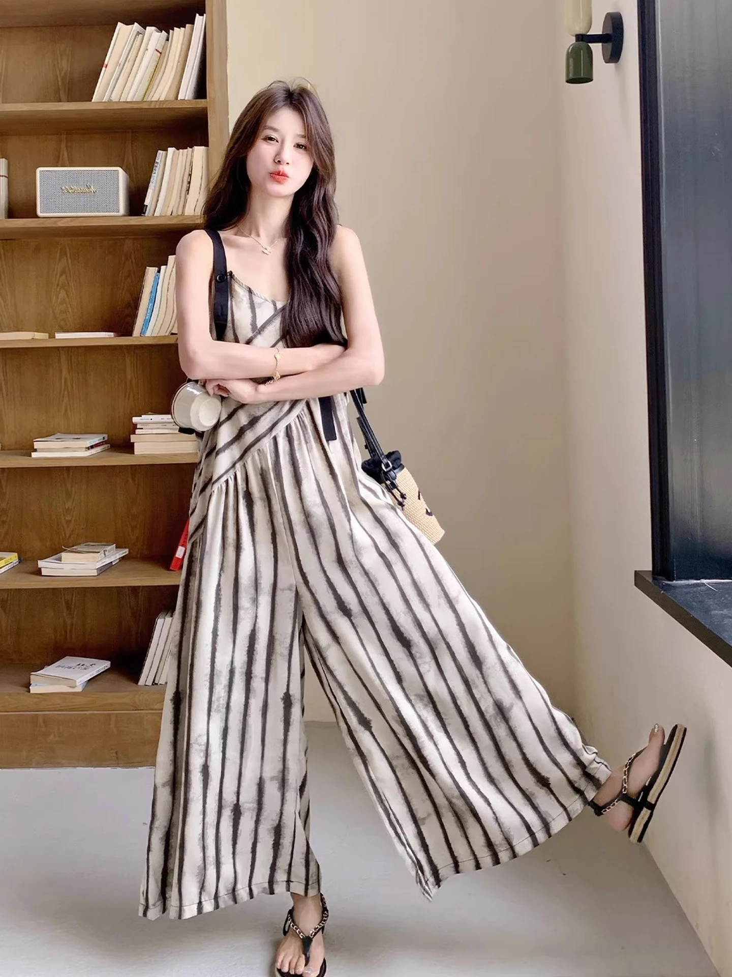 Korean Sle Casual Lazy Striped V-Ne Women's Overall Pants Loose Feel Wide Leg Pants High Waist Long Pants Polyester Fiber