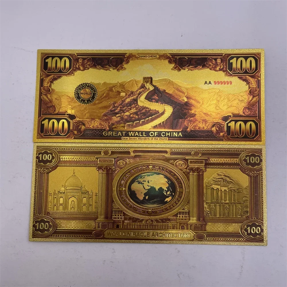 مجموعة الأوراق النقدية المصنوعة من رقائق الذهب سبعة عجائب لعام 2025 (تاج مهال والكولوسيوم والمزيد) - هدية 100 دولار