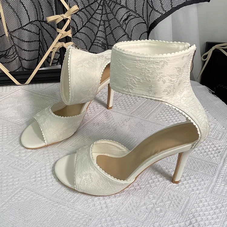 

White Lace Hollow High Heels Stiletto Sexy Open-Toe Sandals Back Zipper Outerwear Women's Shoes Sandalias Mujer Verano