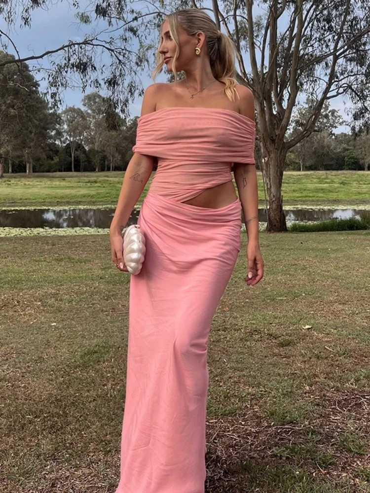Off Shoulder Long Dress For Women Aesthetic Clothes See Through Mesh One Piece Vestidos De Mujer Hollow Out Folds Robe Femme Y2k