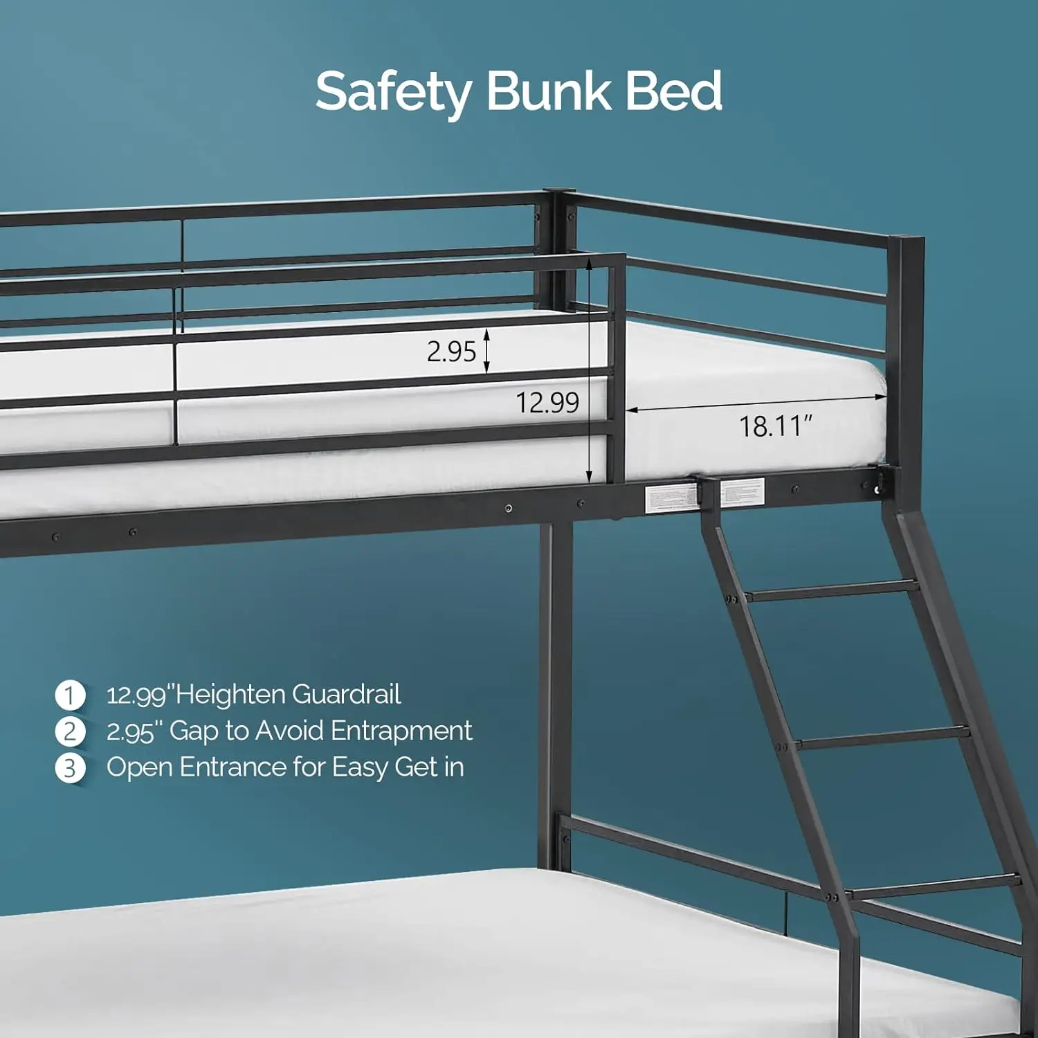 Twin Over Full Bunk Bed for Kids/Adults with Stairs Flat Rungs, Heavy Duty Metal Slats, No Box Spring Needed, Black