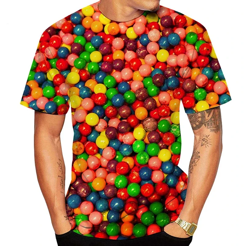 Men Polyester Crew Neck Short Sleeve T Shirt 3D Print Rainbow Round Bubble Gum Ball Sweet Candy Graphic Tee