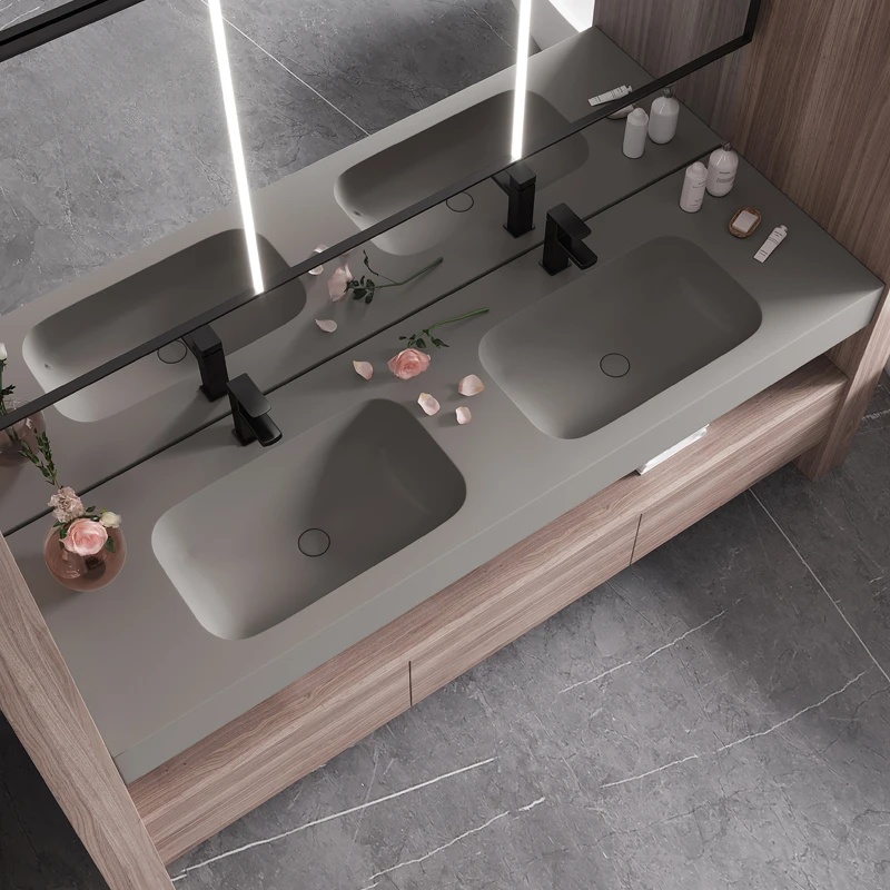 Grey wall hanging Qimei stone integrated double basin sink, sink under the sink, sink and washbasin