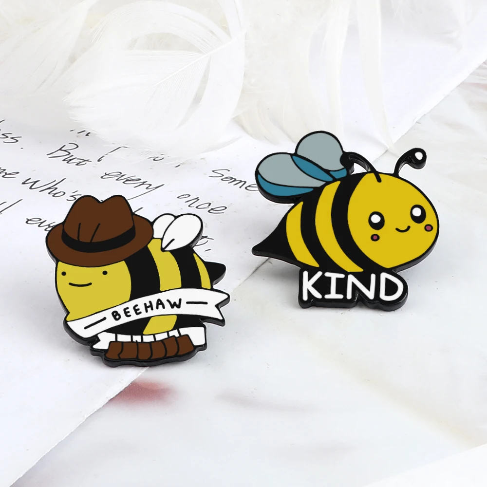 BEEHAW KIND Enamel Pins Cute Hat Bee Brooches Cartoon Flying Insect Badges Shirt Lapel Pin Backpack Jewelry Gift for Kids Friend